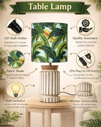 Image of Homesake Retro Farmhouse LED Table Lamp for Living Room Bedroom Rustic Linen Bedside Nightstand Lamps for Kids Room Study Office Wood Night Lamp, Carved Cylinder, (Green Leaf)