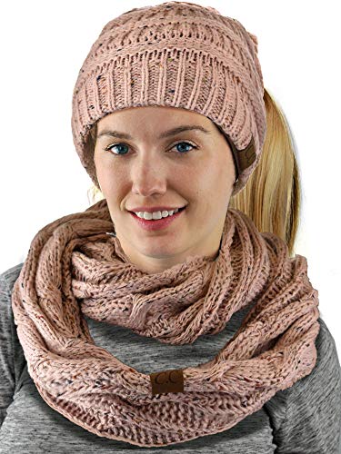C.C Colorful Confetti BeanieTail Messy High Bun Cable Knit Beanie and Infinity Loop Scarf Set3