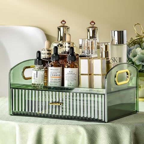 JEESA Makeup Organizer Countertop With Drawers Bedroom Vanity Clear Skincare Organizer Cute Cosmetic Display Cases for Perfumes Lipsticks, Green Cover
