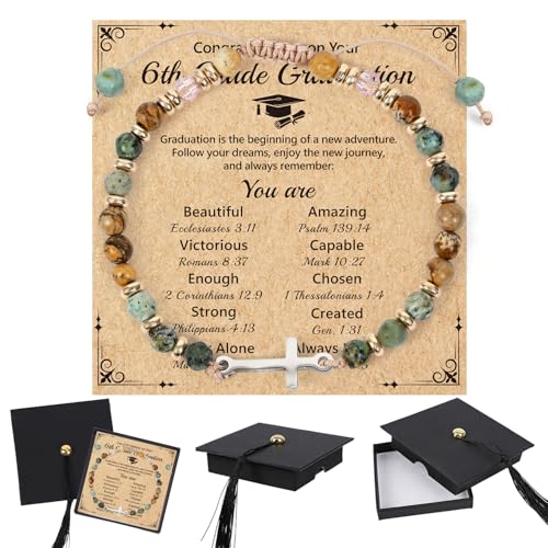 Wxiben 6th Grade Graduation Gifts - Class of 2026 Graduation Bracelet Gift for Her with Inspirational Cards Graduations Cap Box Religious Cross Bracelets for Women Friends Daughter Sister