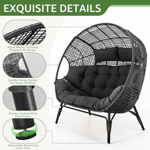 NICESOUL® Double Egg Chair Indoor Outdoor Stationary Oversized Thicken Padded Cushions, 2 Person Egg Loveseat Chair, 680 lbs Extra Large Lounge Chair for Patio Balcony Porch Backyard Gray, Xmas Gift