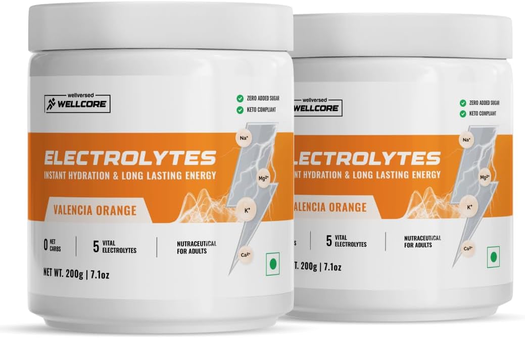 Wellcore Electrolyte Powder (80 Servings, 400gm) | Valencia Orange | Drink With 5 Vital Electrolytes: Na, Mg, Ca, K, PO4 | Sugar Free Electrolyte | Instant Energy & Hydration Solution | Pack of 2