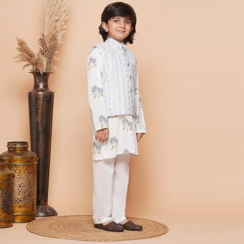 Image of AJ DEZINES Kids Ethnic Wear Cotton Printed Kurta Pajama Set For Boys With Nehru Waist Coat Jacket