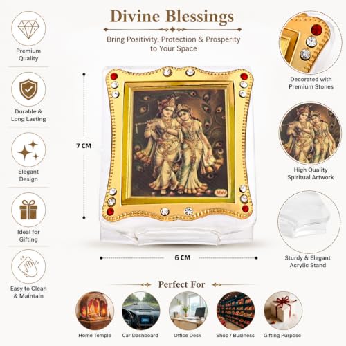 Image of Golden Foil (Plated) Radha Krishna Idol for Car Dashboard Religious Frame for Pooja, Prayer and Gift