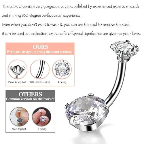 Domlum Belly Button Rings, 14G Surgical Steel Piercings With Top Cubic Zirconia Curved Barbell Body Piercing Jewelry Colors Available (1Pcs Crystal) #TOP4