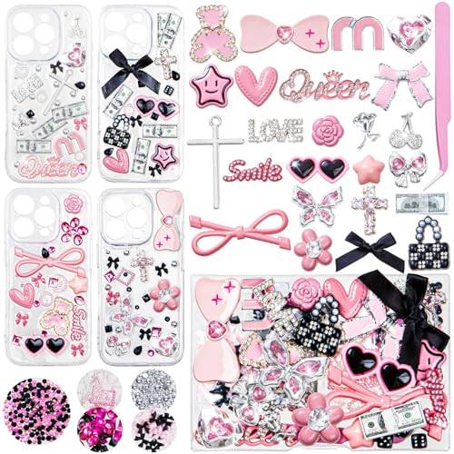 RQAYE Junk case charms,Junk Phone Case Charms Kit,Pink Charms for Customizing Diy Cases,With Cute Bow,Flatback Pearls