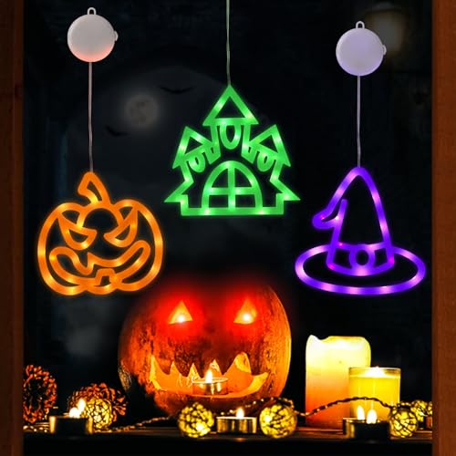 Halloween Decorations, Jsdoin 3 Pack Halloween Window Lights with Suction Cup Battery Operated Light Pumpkin Spider Witch Hat Cat Castle Lights for Party Indoor Home Shop