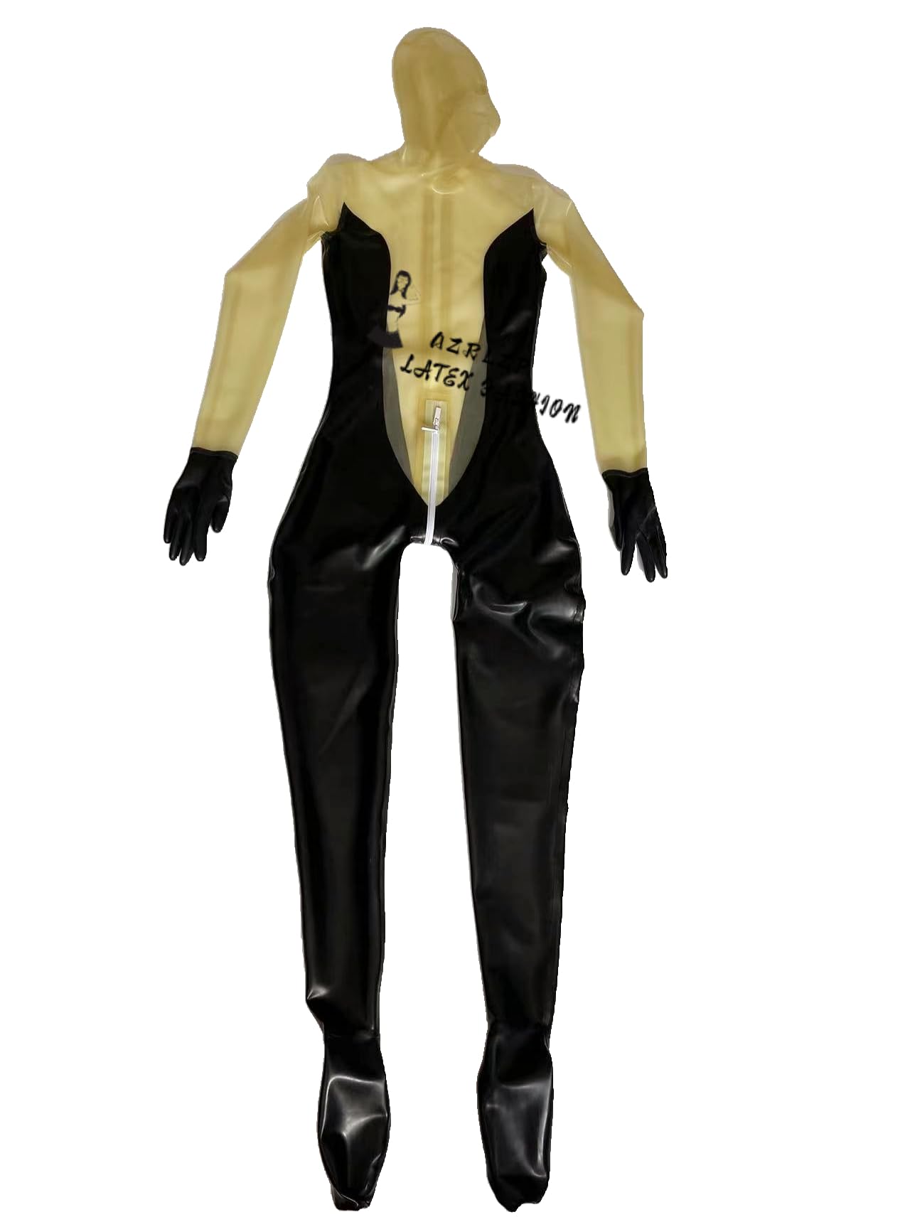 Sexy tuta nera trasparente con copertura completa in lattice di gomma Catsuit Fetish con cerniera posteriore