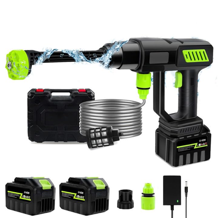 Limpiador de alta presión con batería, 120 bares, pistola de alta presión inalámbrica 300 l/h con boquilla 6 en 1 y manguera de 5 m, pistola de alta presión para lavar y riego de coche (2 baterías)