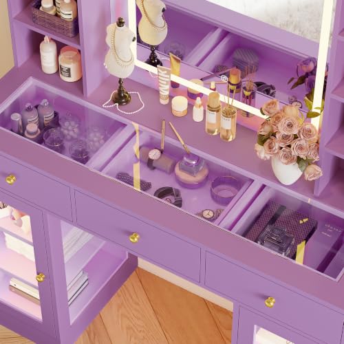 Image of Makeup Vanity Desk with Mirror and Lights, 43 inch Purple Vanity with Glass Top, Jewelry Storage, 3 Drawers & Glass Cabinets, Power Outlet & Adjustable LED Lights, Dressing Table for Women & Girls Bedroom