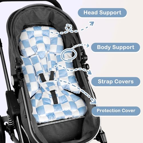 Image of DILIMI Infant Car Seat Insert, Baby Car Seat Head Support with 3 Strap Paddings, Soft Newborn Car Seat Cushion for Stroller, Swing, Bouncers, Blue Checkered