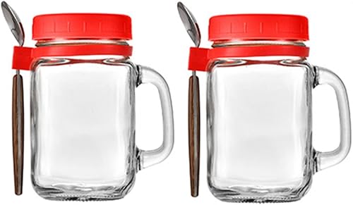 Miniatura 9 de Tarros de avena con cuchara y tapa, paquete de 2 tarros de avena de vidrio de 16.2 onzas con asa, tarros herméticos de gran capacidad para frutas,