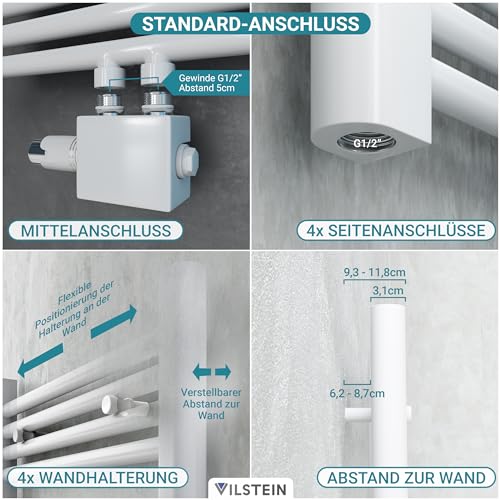 VILSTEIN Badheizkörper, Heizkörper Bad, Handtuchheizkörper Seitenanschluss & Mittelanschluss, Flachheizkörper, Bad Heizkörper Flach, Badheizkörper Handtuchhalter, Weiß, 814W, 180x50 cm