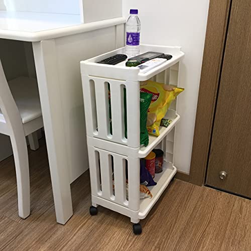 Storage Trolley Slide Out Rolling Cart Utility Slim Organiser Shelf on Wheels 3 Tier Narrow Places Mobile Shelving Unit Tower Rack for Bathroom Laundry Room Office Living Room Bedroom Kitchen, White - Image 2