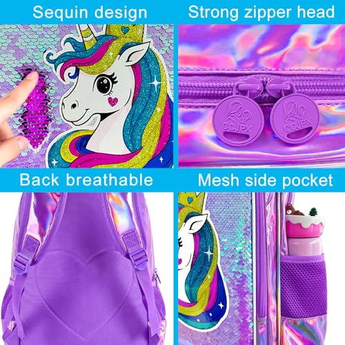Image of CCJPX 16 inch Unicorn Backpack for Girls, 3Pcs Kids Sequin Bookbag with Lunch Box, Water Resistant Elementary School Bag for Kindergarten Preschool Toddler (Purple)