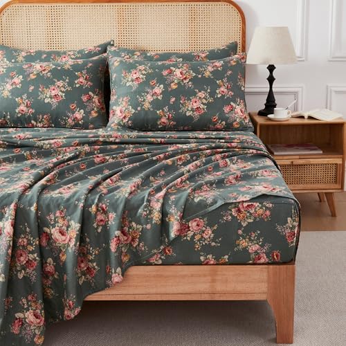 Image of FADFAY Forest Green Floral Full Sheet Set - 100% Muslin Cotton Double Gauze Bedding - 4 Piece Shabby Chic French Floral Sheets, Ultra Soft Breathable Cooling Sheets