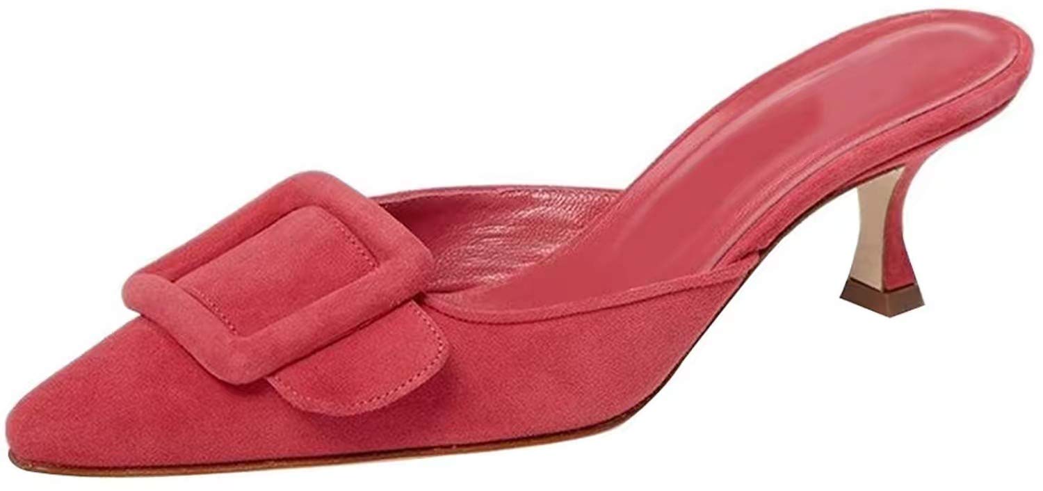 Axellion Comfortable Kitten Heel Mules for Women, Slip-on Backless Loafers with Pointed Toe, Buckle Knot Detail, Stylish Flat Slides for Casual & Business Wear