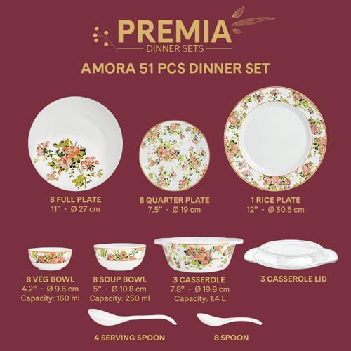 Image of Larah by Borosil 51pc Opalware Amora Dinner Set for Family of 8 | Microwave & Dishwasher Safe Crockery Set for Dining & Gifting | Plates & Bowls