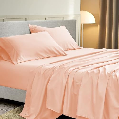 AMAY California King Size Bed Sheets Set 4 pc 500 TC 100% Egyptian Cotton Cal King Sheets Set Soft Hotel Quality Cooling Bedding Sets Fits 10"-12" Elasticized Deep Pocket Sateen Weave Sheet - Peach