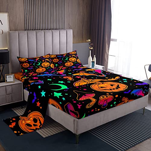 Erosebridal Pumpkin Lantern Sheet Set Starry Sky Bed Sheets Queen,Moon Stars Galaxy Fitted Sheet Gothic Spooky Bats Bed Cover For Child Kids Boys Glitter Mushroom Halloween Decor #TOP18