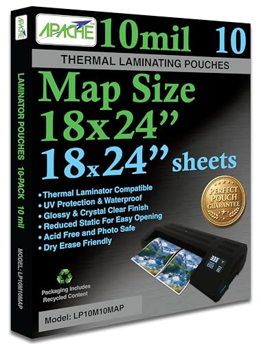 Image of Apache Map Size Laminating Pouches, 10 Mil, 10 Pack, 18 x 24 Inch Pouch Size Laminating Sheets, Thermal Laminator Compatible, Super Clear, Round Corners