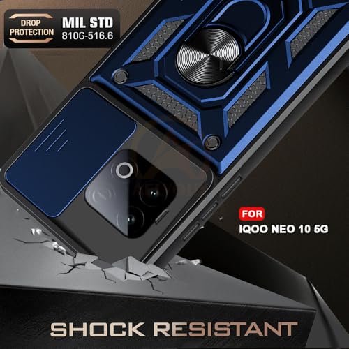 Image of Armor Bumper Back Cover Case for iQOO NEO 10 5G | Rotating Camera Cover, Ring Holder & Kickstand | Heavy Duty & 360 Degree Protection iQOO NEO 10 5G Back Cover (Blue)