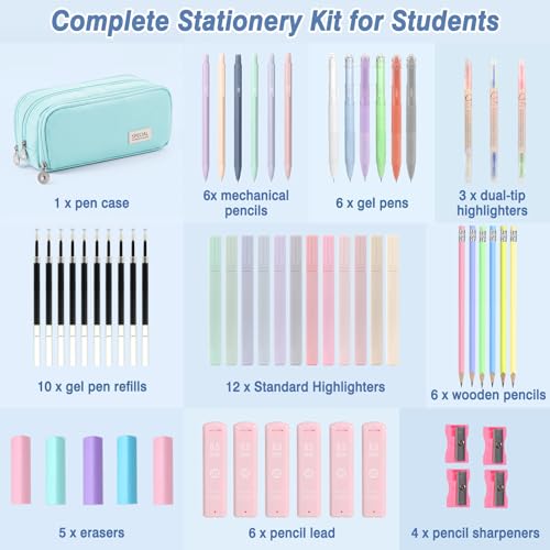 Image of MoKo 59 PCS Aesthetic School Supplies with Cute Pencil Case, Students Stationery Set for Teen Girls & College with Gel Pens, Pastel Highlighters, Mechanical Pencils & Refills, Office Supplies, Blue