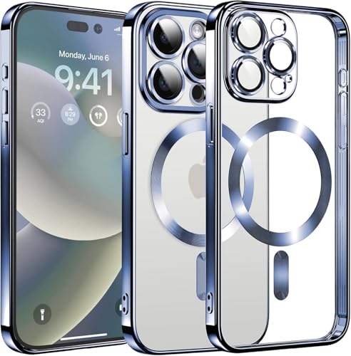 Image of VONZEE Clear Logo Electroplating Transparent Case for iPhone 14 Pro Max Case 6.7 inch 2022, Luxury Electroplated TPU Cover, Individual Camera Protection for Each Lens Bumper Case (Blue)