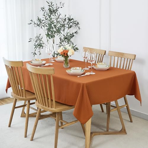 Image of maxmill Rectangle Weaved Design Tablecloth Waterproof Spillproof Wrinkle Free Fall Table Cloth, Kitchen Dining Room Thanksgiving Decoration, Fabric Table Cover Halloween Party, 52 x 70 Inch, Rust