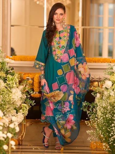 Image of INDO ERA Women's Silk Blend Floral Embroidered A-Line Kurta & Pant with Dupatta Set (IEOUT12374)