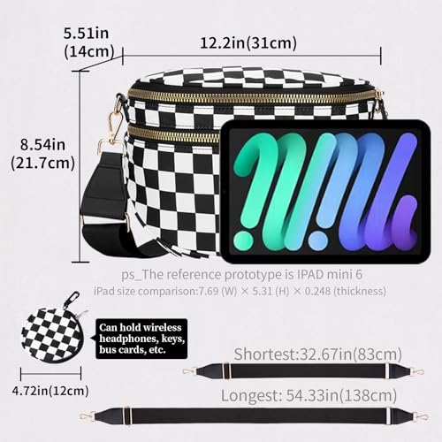 Crossbody Bag for Women,Adjustable shoulder strap,Lightweight waterproof,bum bag plus size,checkered crossbody bag （Black ）3
