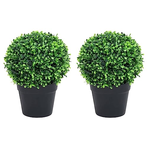 YAFF Artificial Boxwood Plants 2 pcs with Pots Ball Shaped Green 14.6