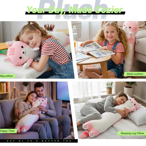 Image of Long Cat Plush Pillow, Cute Cat Stuffed Animal Body Pillow with Wings, Soft Kawaii Kitty Hugging Pillow, Christmas Valentine's Birthday Gift for Kids Girls Boys (Pink, 110cm /43.31in)