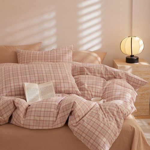 Image of EAVD Pink Gingham Duvet Cover Full Soft Washed Cotton Reversible Grid Plaid Bedding Set with 2 Pillowcases Modern Checkered Grid Duvet Cover with Zipper Farmhouse Gingham Bedding Set for All-Season
