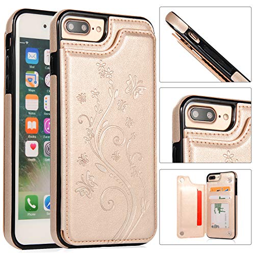 QFUN Back Wallet Case for iphone 7 Plus/8 Plus with Stand, Elegant Embossed Design [Butterfly Flower] Lightweight Slim Fit Leather Phone Case with Card Holder Protective Bumper Flip Cover - Gold