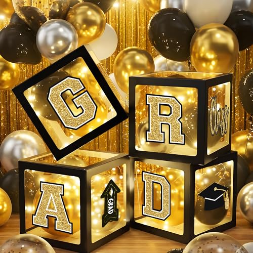 Image of Party Spot！2026 Black and Gold Graduation Party Decorations,124 PCS Graduation Decorations Class of 2026，4 PCS Balloons Boxes with LED Light String & Letters 2026 GRAD So Proud of You