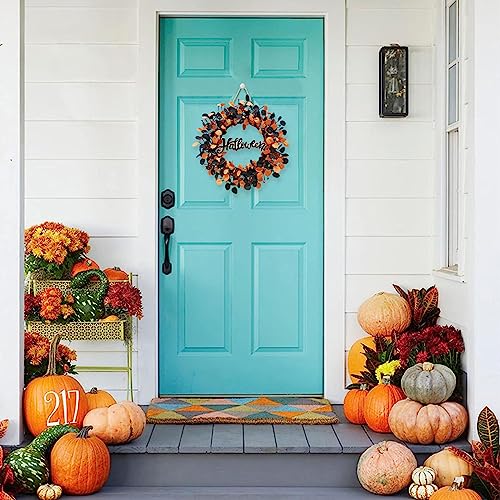 Halloween Wreaths for Front Door,22 inch Pumpkin Wreath Fall Decorations for Home with Wood Pumpkins Thanksgiving Decorations with Glitter Sign