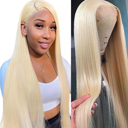 Image of 613 Lace Front Wig Human Hair 13x6 HD Transparent 180% Density Blonde Lace Front Wigs Human Hair Pre Plucked 613 HD Lace Frontal Wig Straight Lace Front Wigs 34 Inch Blonde Glueless Wigs Human Hair