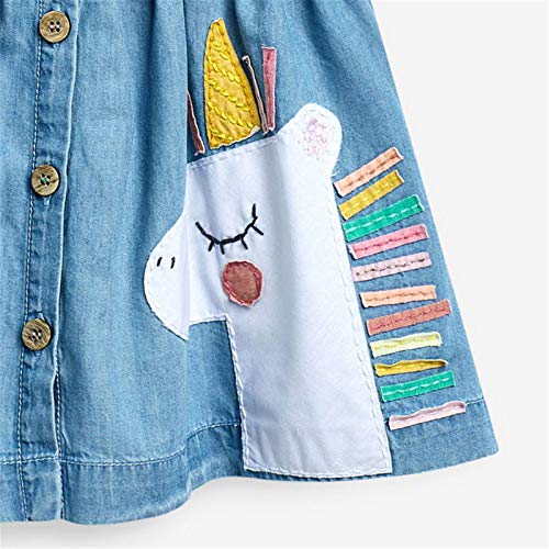 Kids Girl Dress Summer Sleeveless Cotton Casual Blue Unicorn Imitation Denim Shirt Dresses 4T #TOP1