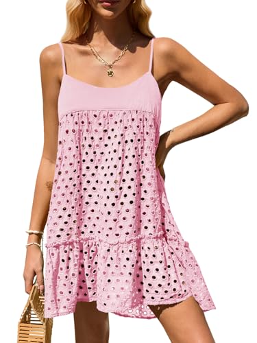 Saodimallsu Womens Crochet Cover Up Summer Spaghetti Strap Hollow Out Fringe Tie Back Beach Coverup Cami Dress