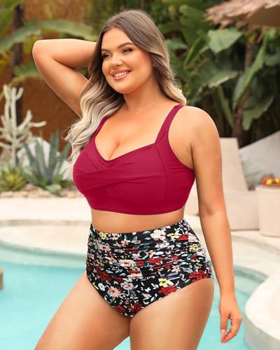 Image of Daci Women Plus Size High Waisted Two Piece Swimsuit Tummy Control Bikini | Twist Front,Ruched Tummy Control,High Waist,V Neck,Full Coverage,Retro,Removable Pads,Adjustable Straps