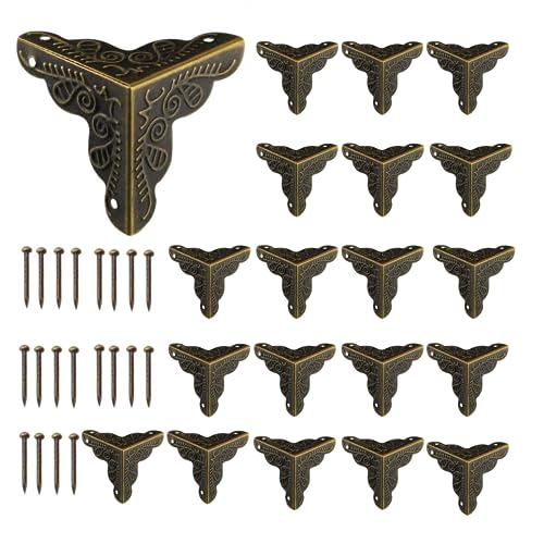 Metal Esquinas de Muebles Antiguos,20 Piezas Metal Retro Protectores Esquina Protectora de metal con Tornillos para Muebles, Joyero, Caja de Regalos, Armario, Incluido (Bronce)