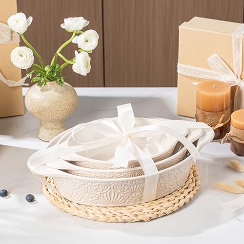 Casserole Dishes for Oven Sets of 3, Ceramic Oval Baking Dish, Au Gratin Baking Pans with Handles for Roasting, Lasagna, Pie, Baking Meat & Vegetables (Beige White) - Thumbnail 4