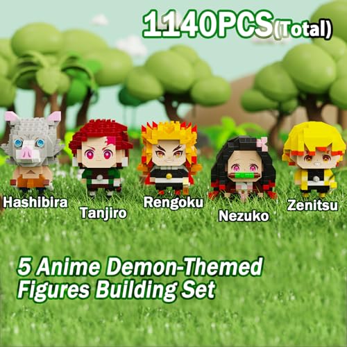 Image of 5 Kill Demon-Themed Anime Slayer Figures Building Set, 2IN1 Sitting&Standing Models Cute Popular Characters Monster Killer Micro Brick, Japanese Manga Merch Toy Decor Birthday Gift for Fans(1140 Pcs)
