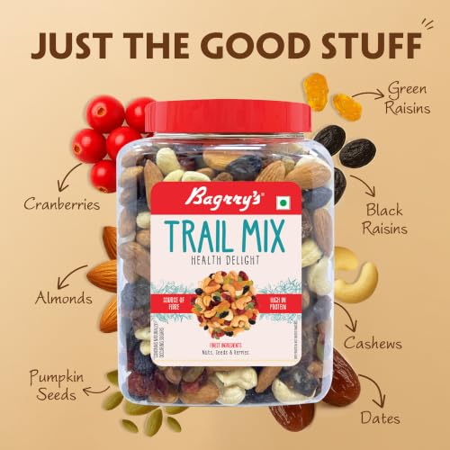 Image of Bagrry's Trail Mix 1kg | 7 in 1 Ingredients | Californian Almonds | Cashews | Cranberries | Dates | Pumpkin Seeds | Green & Black Raisins | High Protein | Source of Fibre | Oil-Free | Non-Salted | Guilt-free Anytime Snack | Dry fruit mix | Mix nuts | Re-usable jar