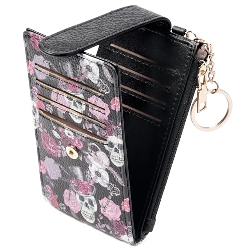 Image of GOIACII RFID Slim Card Holder Wallet with ID Window Thin Bifold Wallet for Womens Zipper Coin Pocket Goth Skull & ROSE