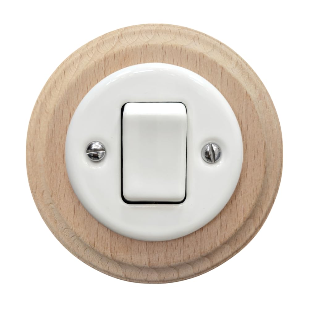Porcelain White Wide Fat Key Light Switch – Intermediate (Crossing) Flush Mounted Wall Switch, Vintage Cottage or Loft Style, CE Certified (White, Beige)