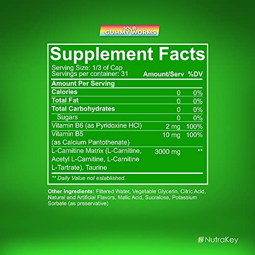Nutrakey L-Carnitine 3000Mg, No Sugar, Gluten Free, Turn Into Fuel, (Sour Gummy Worms) 31 Servings #TOP1