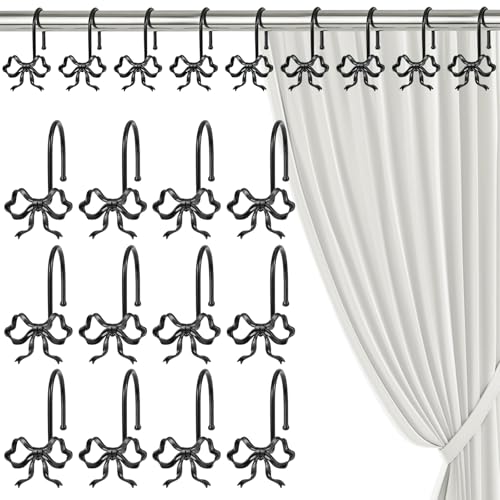 12 Pack Elegant Bow Shower Curtain Hooks Black Metal Rustproof Decorative Shower Curtain Hooks Shower Curtain Hangers for Bathroom Art Decor