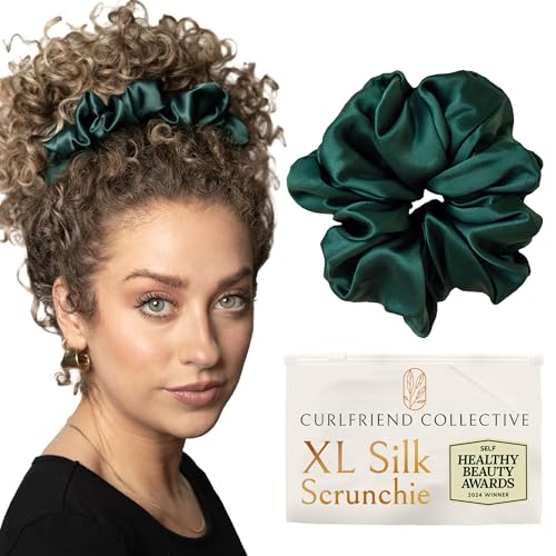 Image of Silk Scrunchies for Women Ponytail Holders - Oversized Mulberry Silk Scrunchie - Extra Large No Damage Hair Tie for Curly, Thick, and Thin - Hair Accessories for Women - Emerald, XL By Curlfriend